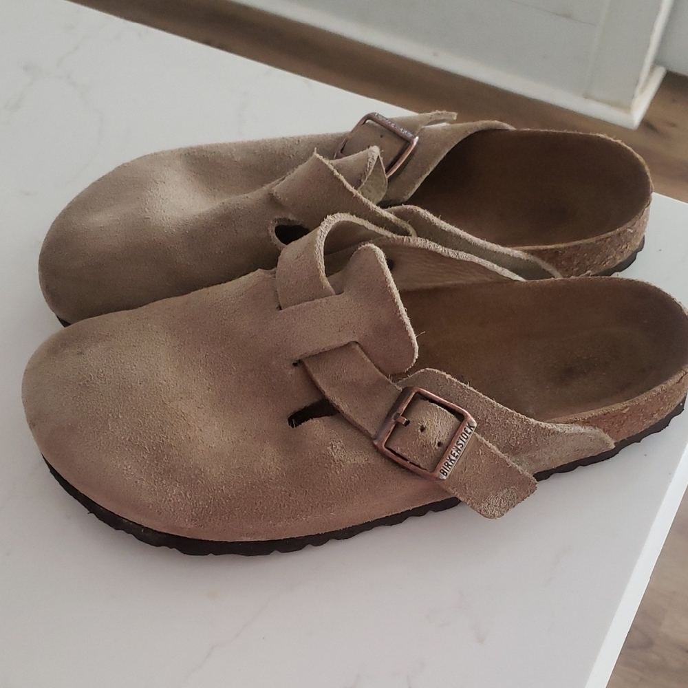 Birkenstock Beige Suede Buckle Clogs 9.5
